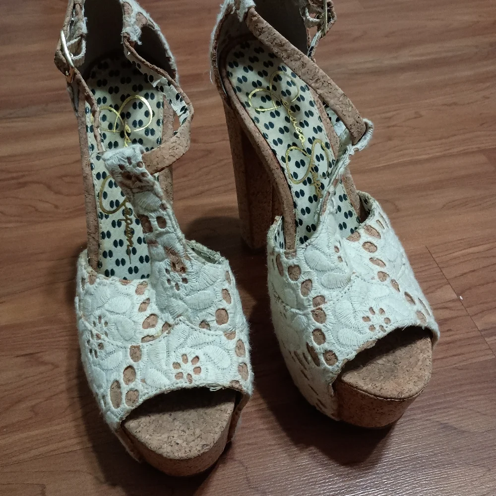 Jessica Simpson DANY White Lace Cork Platform Heels 6